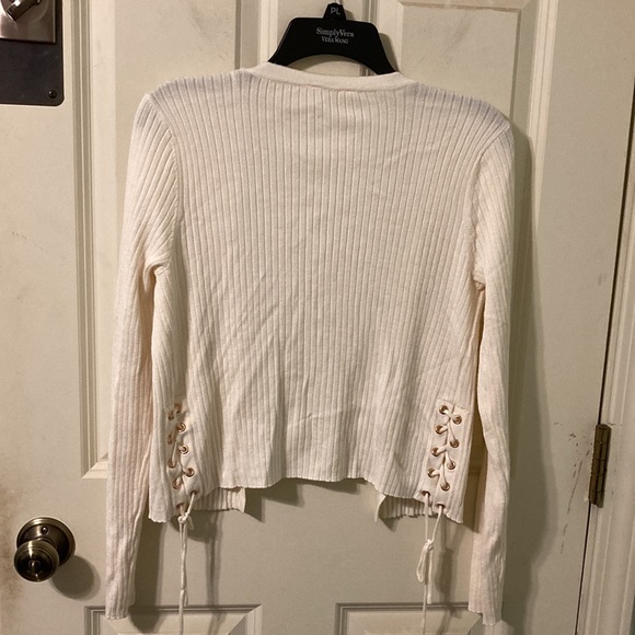 Gorgeous Candies Cream Colored Ribbed Cardigan Sweater, Tie Lace Up Sides L XL - Picture 2 of 10